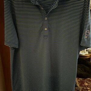 Donal Ross blue and yellow striped polo/golf shirt